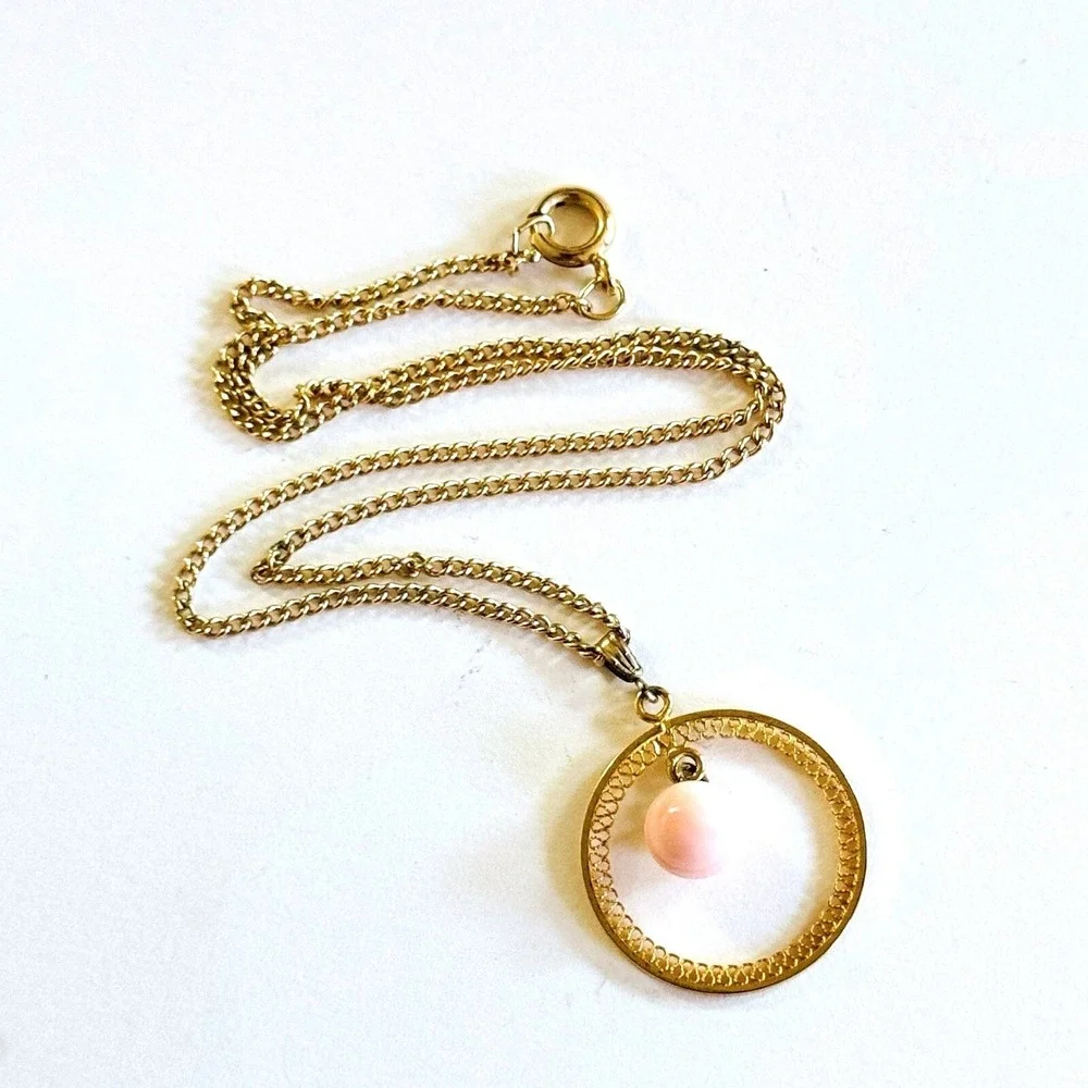 VTG Coral Necklace Pink Angel Skin Genuine Natural Gemstone 14k Gold‎ GP Italy